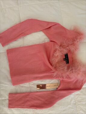 NWT Pink Feather Trim Off Shoulder Sweater Coquette Y2K Barbie Core
